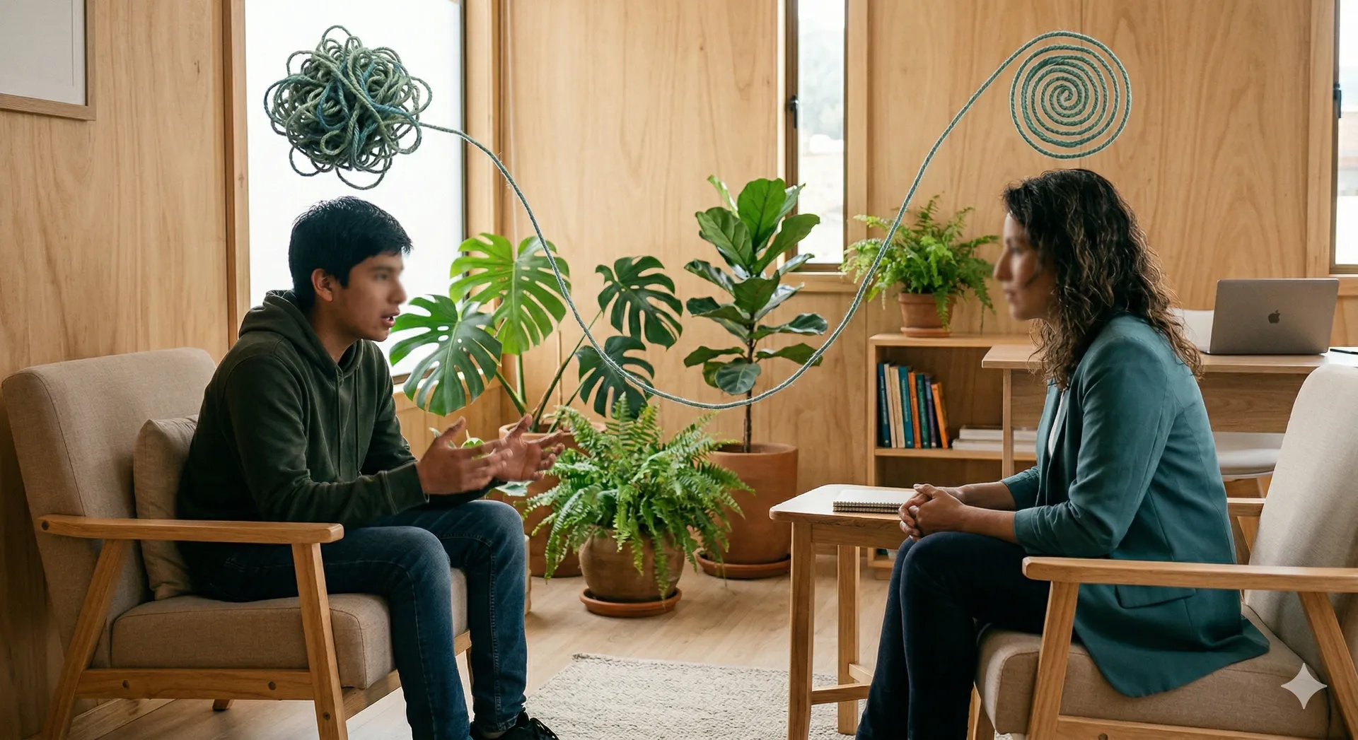 Sesión de psicología en un espacio cálido con plantas