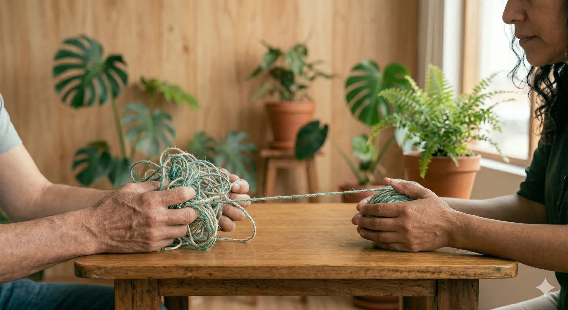 Dos personas sostienen un hilo enredado que se va desenredando